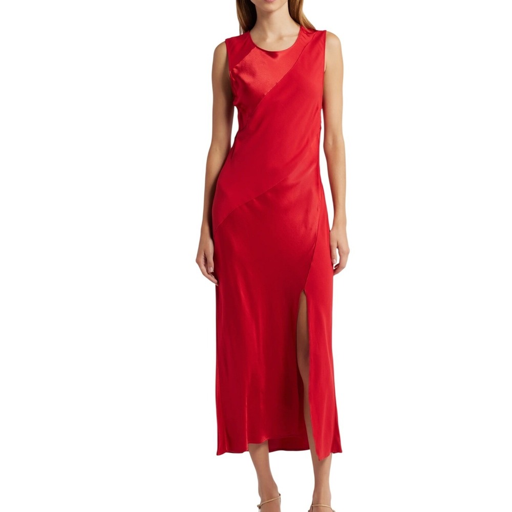 Rails Sanya Scarlet Red Sleeveless Asymmetrical Seam Maxi Dress Side Slit  M NEW